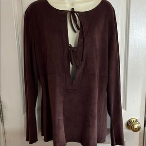 INC International Concepts XL browm faux suede Keyhole Tie Front Long Sleeve